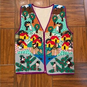 Embroidered Folk Art Vest with Bright Village Scene